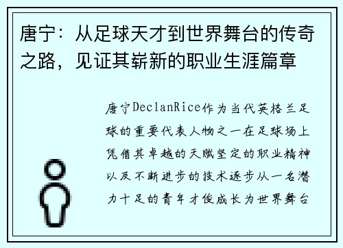 唐宁：从足球天才到世界舞台的传奇之路，见证其崭新的职业生涯篇章