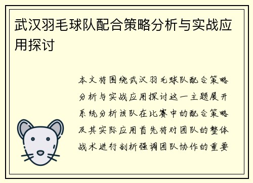 武汉羽毛球队配合策略分析与实战应用探讨