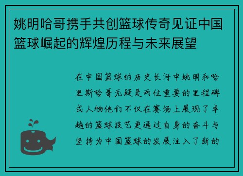姚明哈哥携手共创篮球传奇见证中国篮球崛起的辉煌历程与未来展望